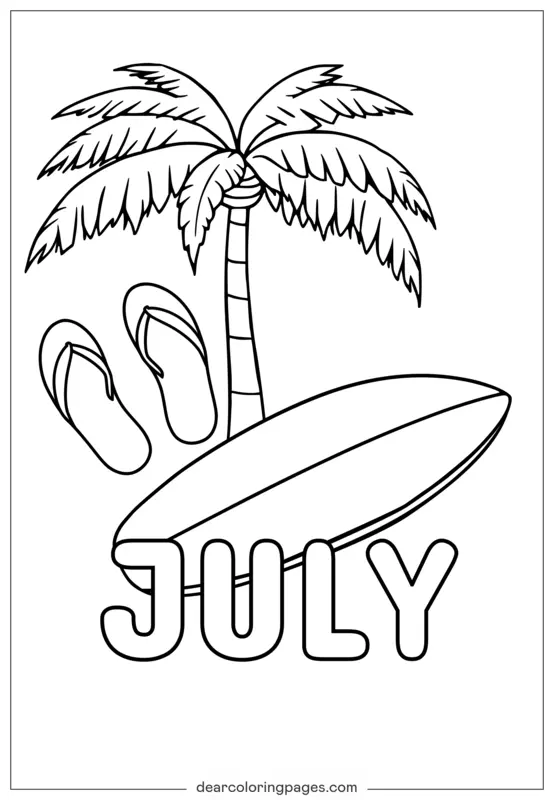 Juli Sommer Strand Ausmalbild - Palme, Surfbrett und Flip-Flops