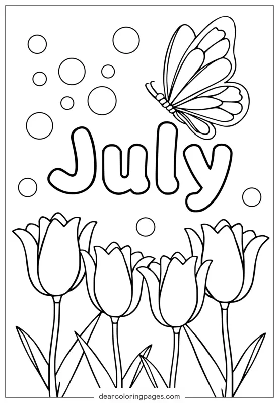 Juli Blumen und Schmetterling Ausmalbild für Kinder