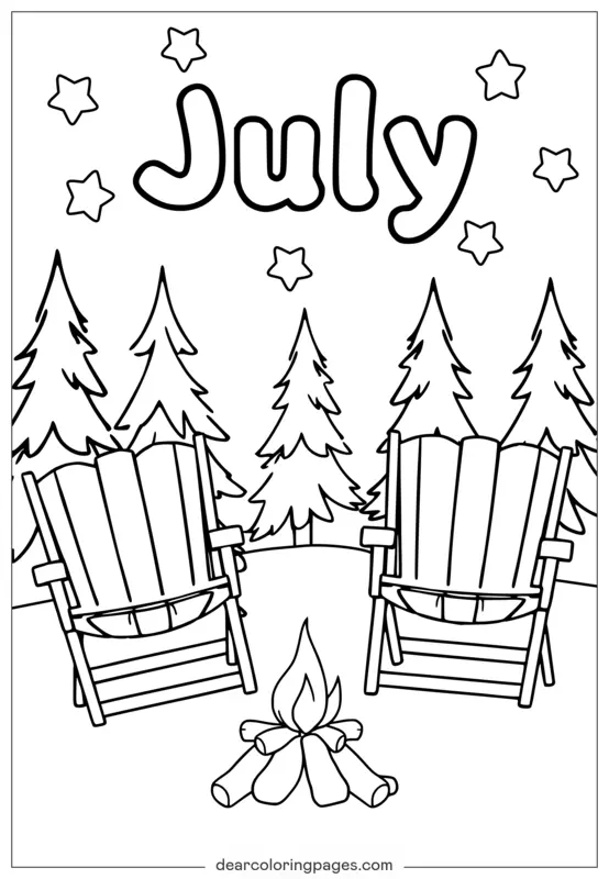Juli Camping Ausmalbild – Lagerfeuer und Stühle Ausdrucken