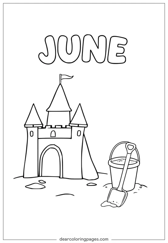 Disegno da Colorare Spiaggia di Giugno - Castello di Sabbia e Giocattoli da Spiaggia