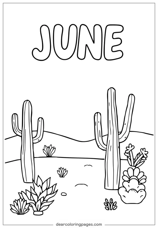 Disegno da Colorare Deserto di Giugno - Scena di Cactus Saguaro
