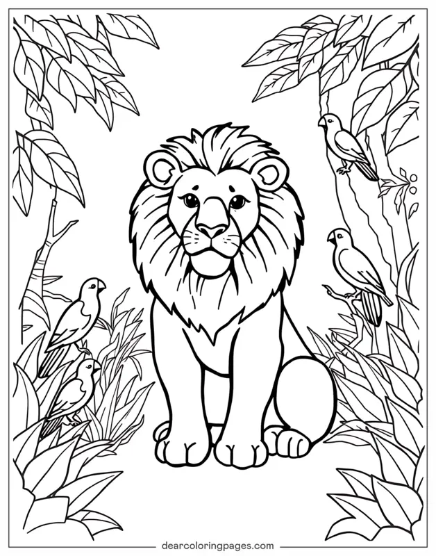 Lion Coloring Page - Lion and Birds in Jungle