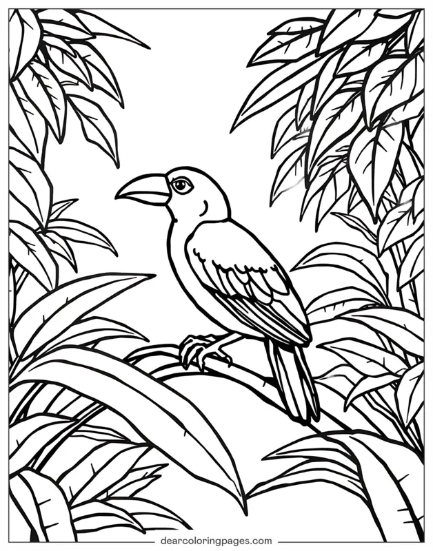 Bird Coloring Page - Bird Perched on Branch in Jungle