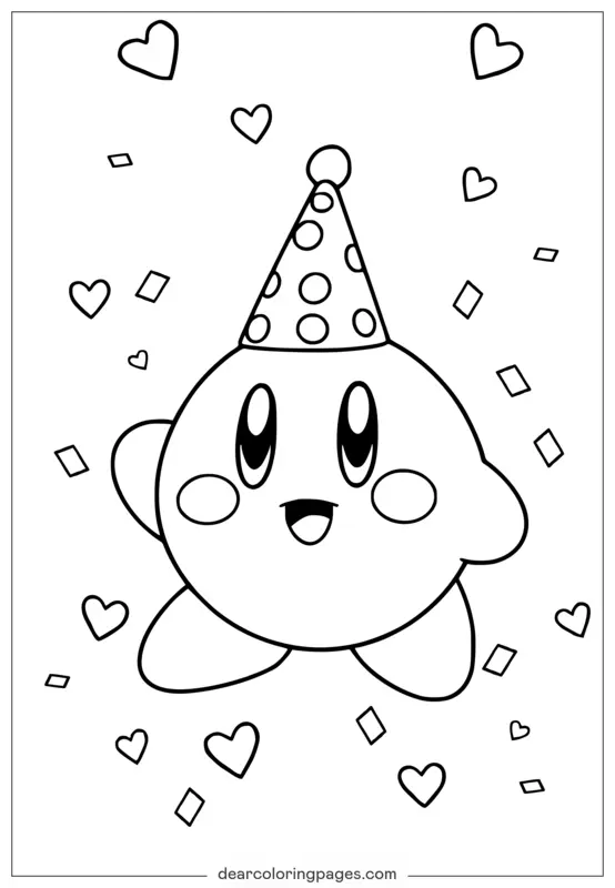 Coloriage Kirby d'Anniversaire avec Chapeau de Fête