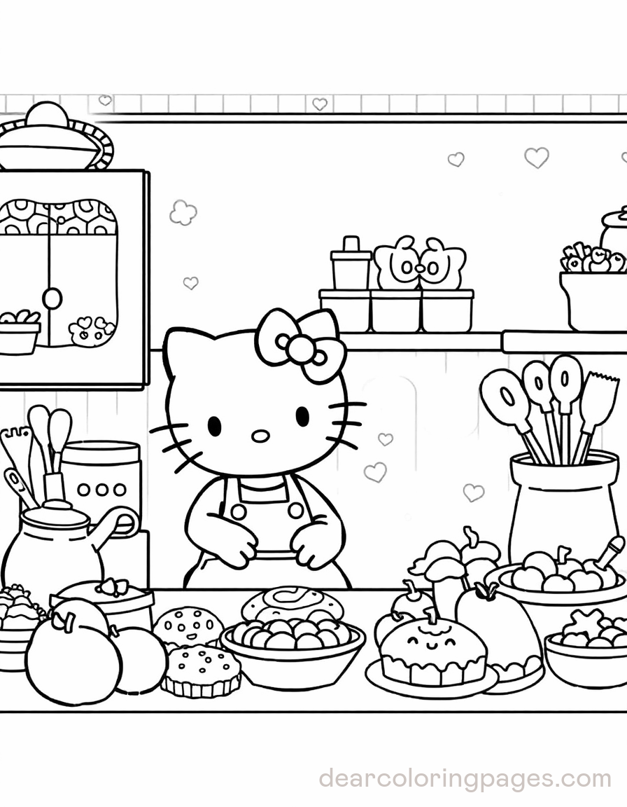 Kitchen Coloring Page - Hello Kitty Baking in Kitchen