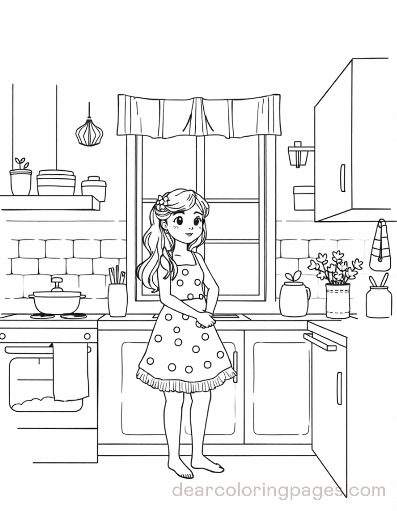 Kitchen Coloring Page - Girl in Kitchen