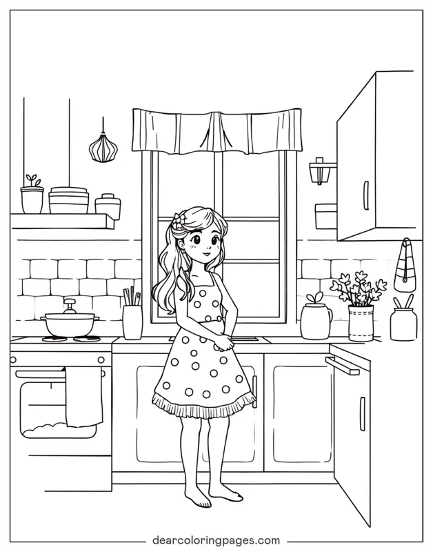 Coloriage de Cuisine – Fille dans la cuisine