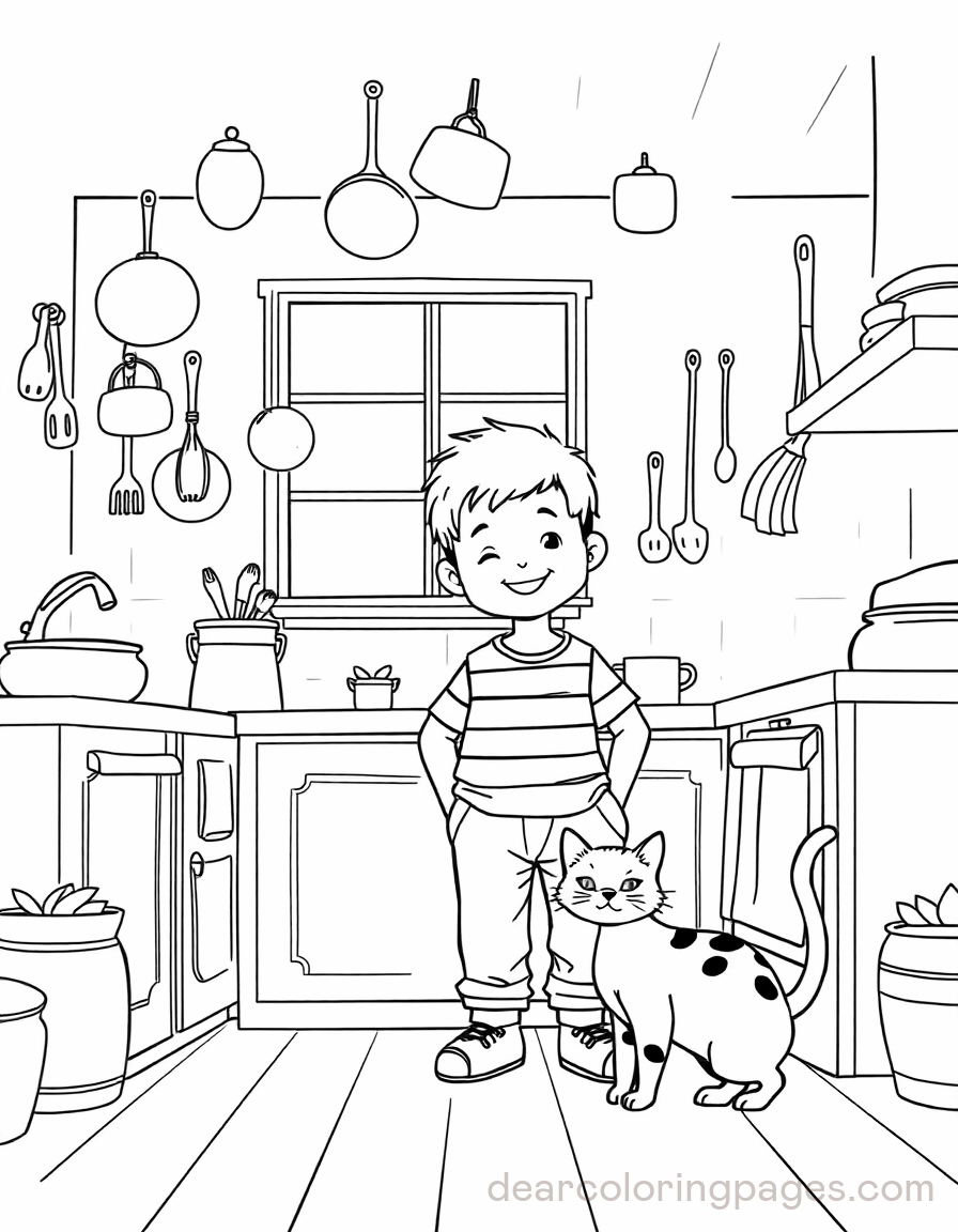 Kitchen Coloring Page - Boy in Kitchen