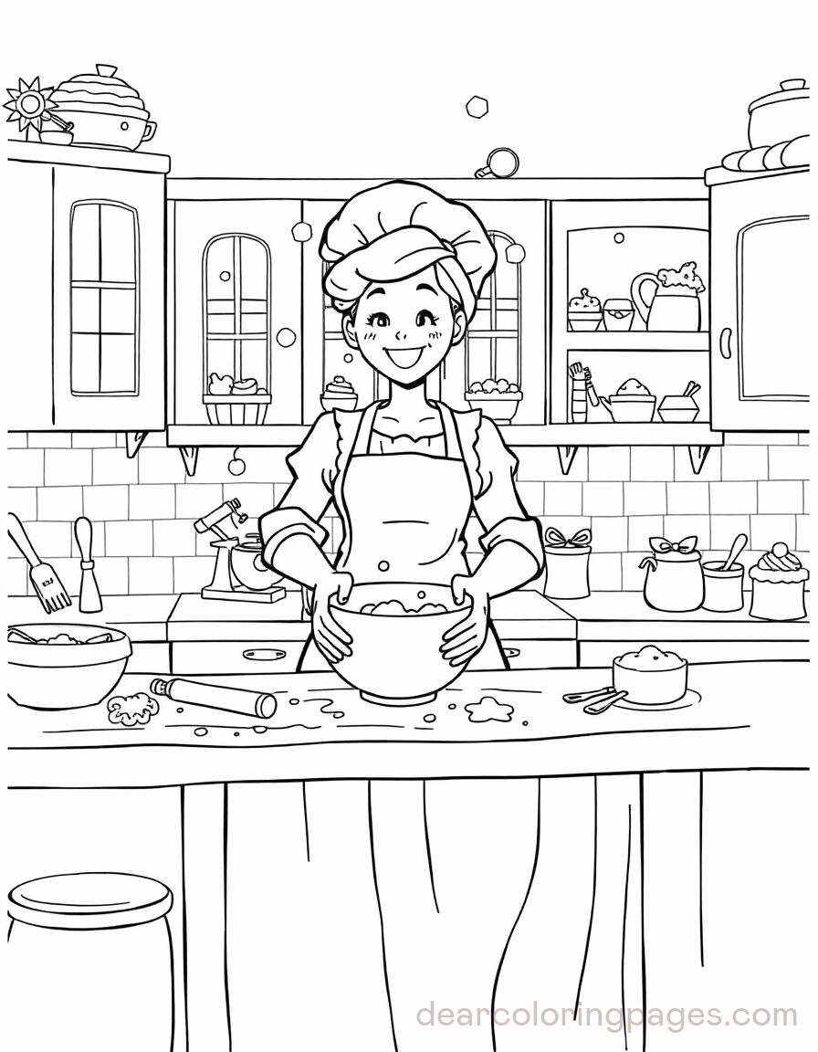 Kitchen Coloring Page - Baker in the Kitchen