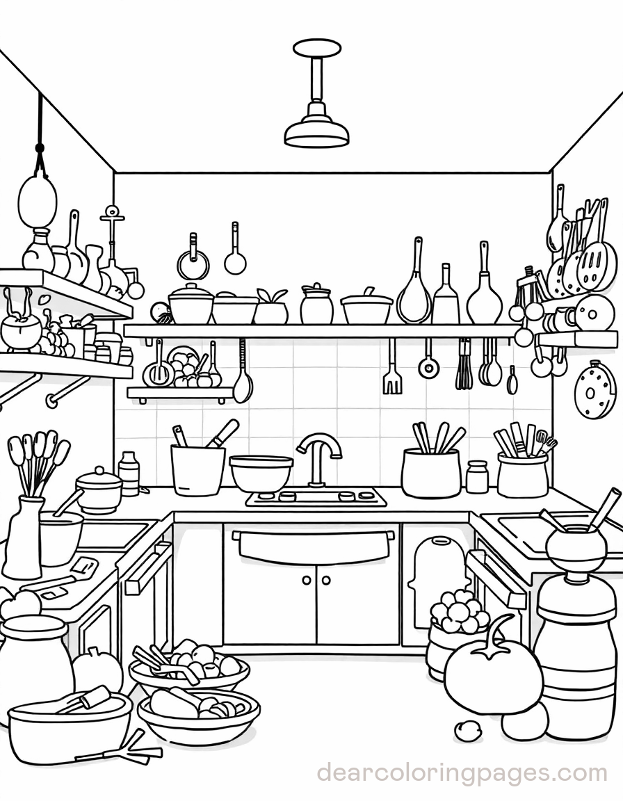 Kitchen Coloring Page - Cartoon Style Kitchen