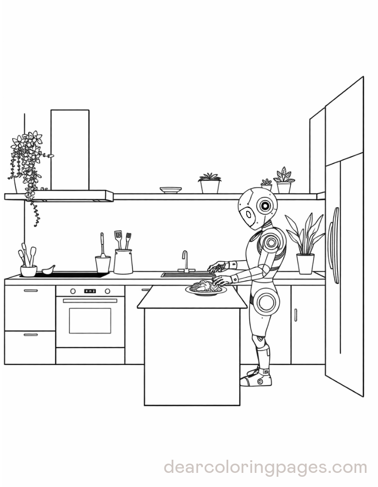 Kitchen Coloring Page - Robot Preparing Food in Kitchen