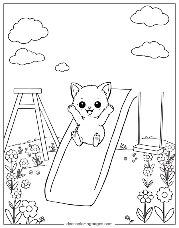 Animale carino Disegno da Colorare - Gattino su uno scivolo