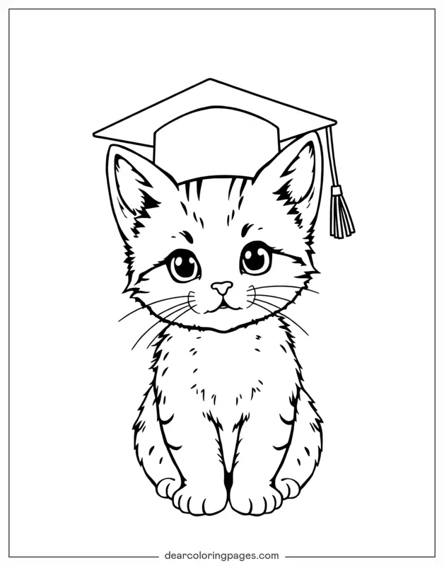 Animale carino Disegno da Colorare - Gattina con cappello di laurea