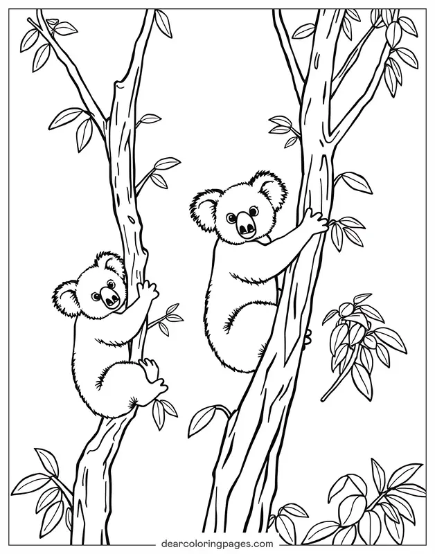 Koala Dibujo para Colorear - Koala subiendo árbol