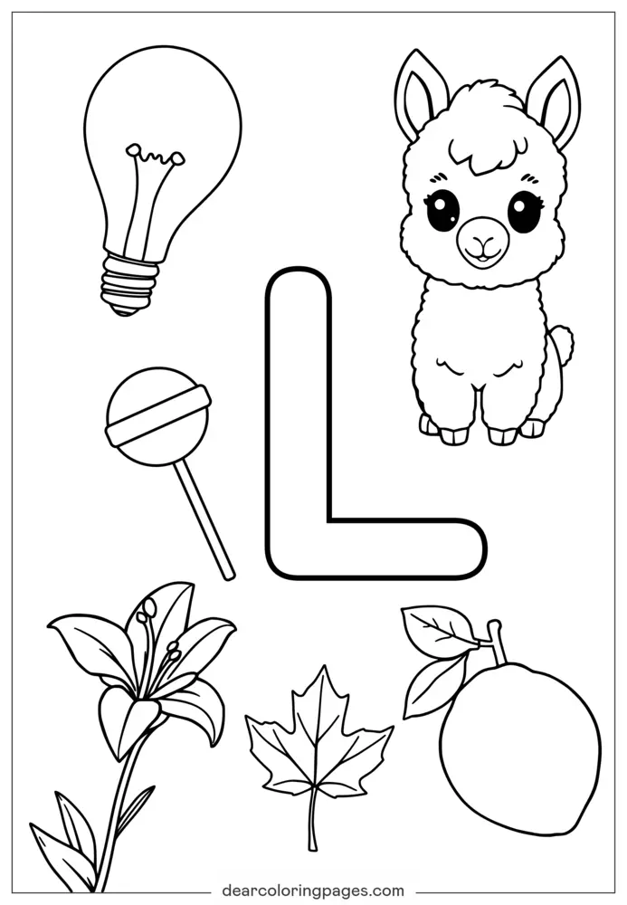 Lettera L Disegno da Colorare - Lampadina, Lama, Lecca-lecca, Lily, Leaf, Limone