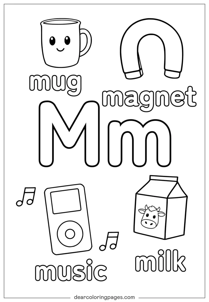 Desenho para Colorir da Letra M, Mug, Magnet, Música, Milk