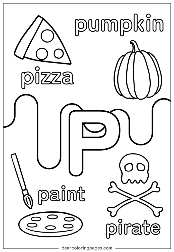 Disegno da Colorare Lettera P - Tema Pizza Pumpkin Paint Pirata per Bambini