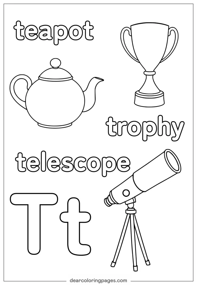 Disegno da Colorare Lettera T - T per Teiera, Trofeo, Telescope