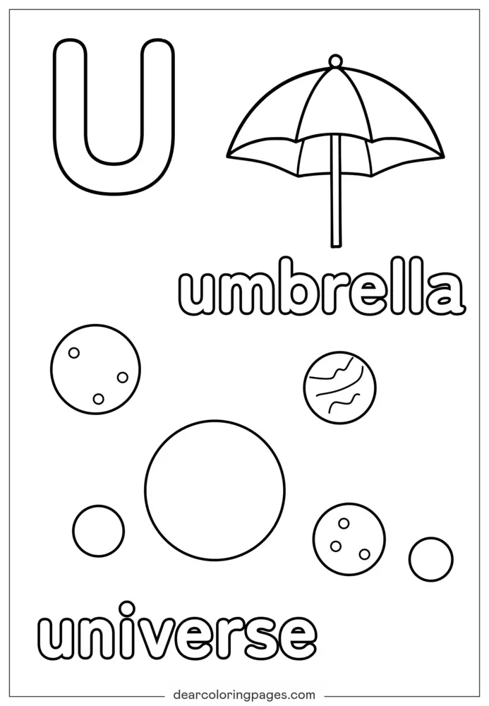 Dibujo para Colorear Letra U - U para Umbrella, Universo