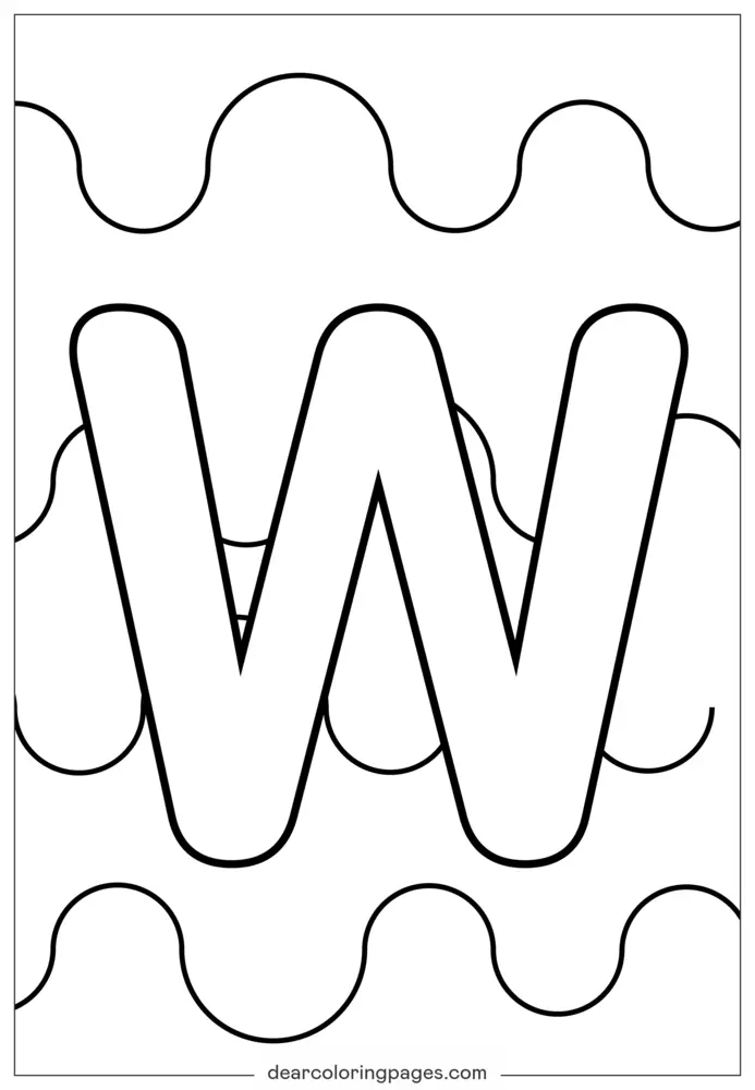 Letter W Coloring Page - Large Bubble Letter with Wavy Lines for Kids