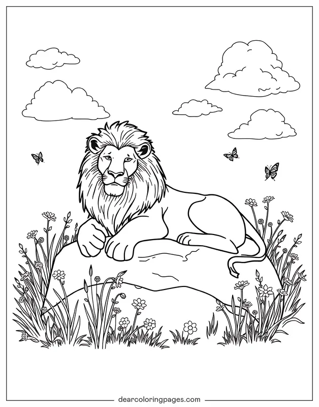 Lion Coloring Page - Lion in Meadow Coloring Page