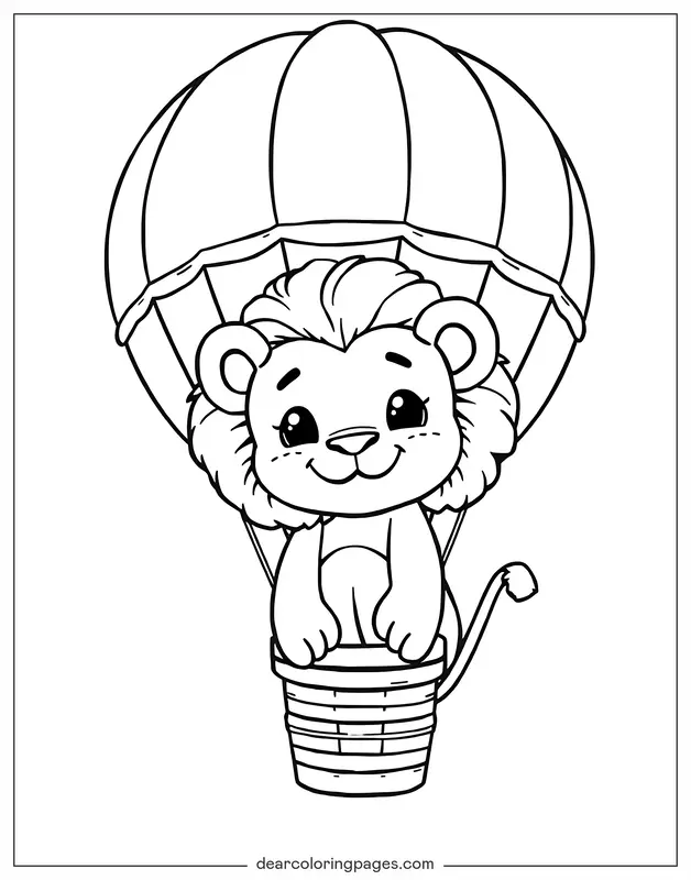 Lion Coloring Page - Lion Cub in Hot Air Balloon