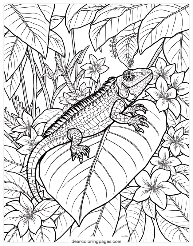 Lagarto Dibujo para Colorear - Lagarto sobre una hoja