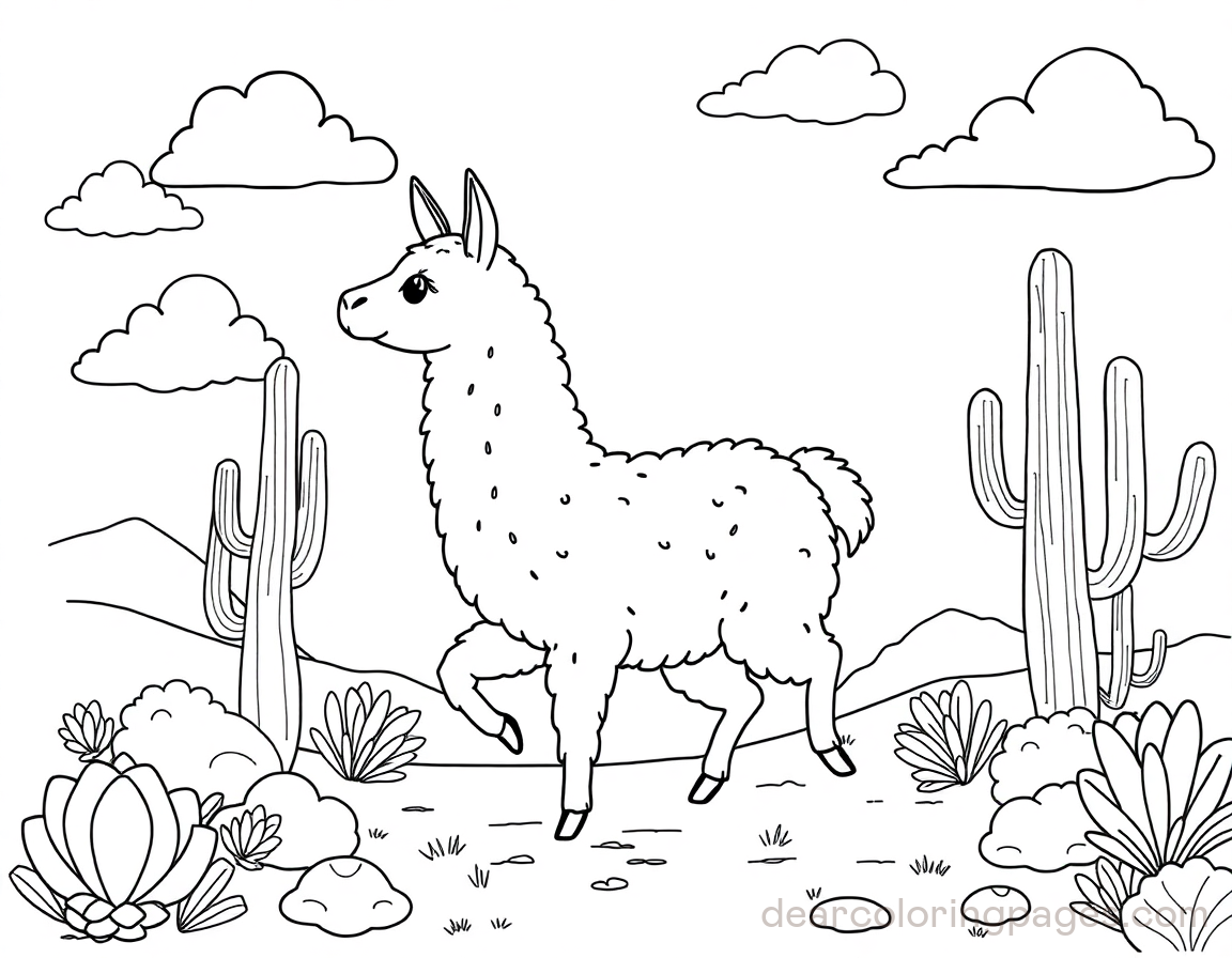 Llama Surrounded by Cacti Coloring Page