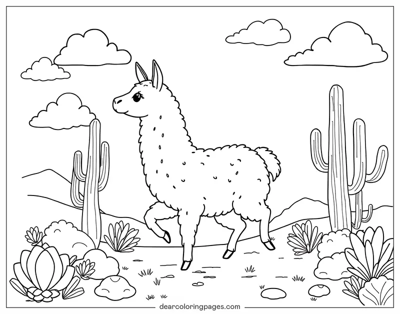 Lama Ausmalbild - Llama von Kakteen Umgeben Ausmalbild