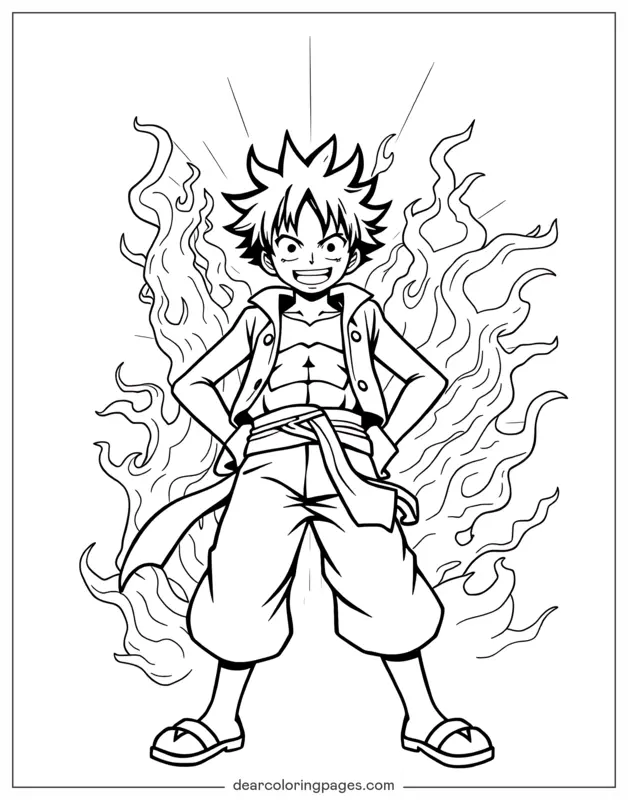 Luffy Desenho para Colorir - Luffy Cercado por Chamas e Energia