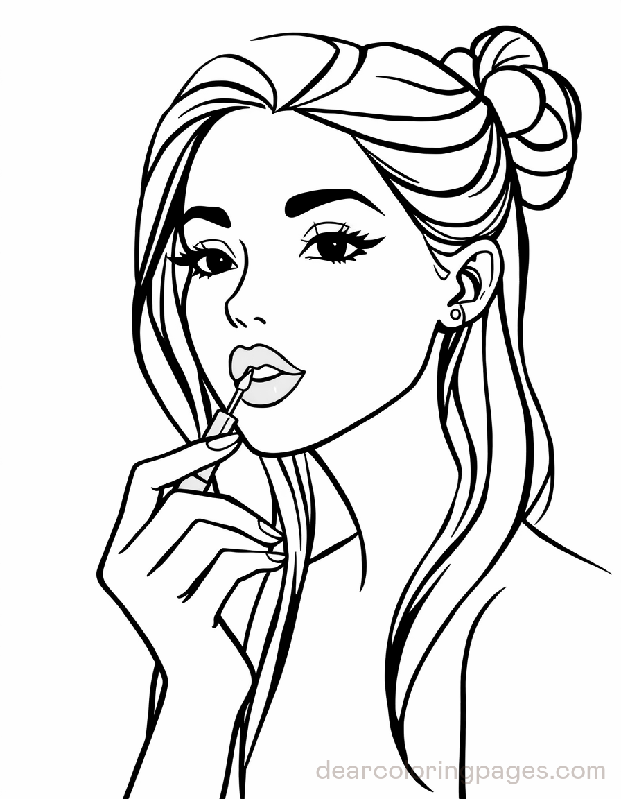 Makeup Coloring Page - Girl Applying Lipstick