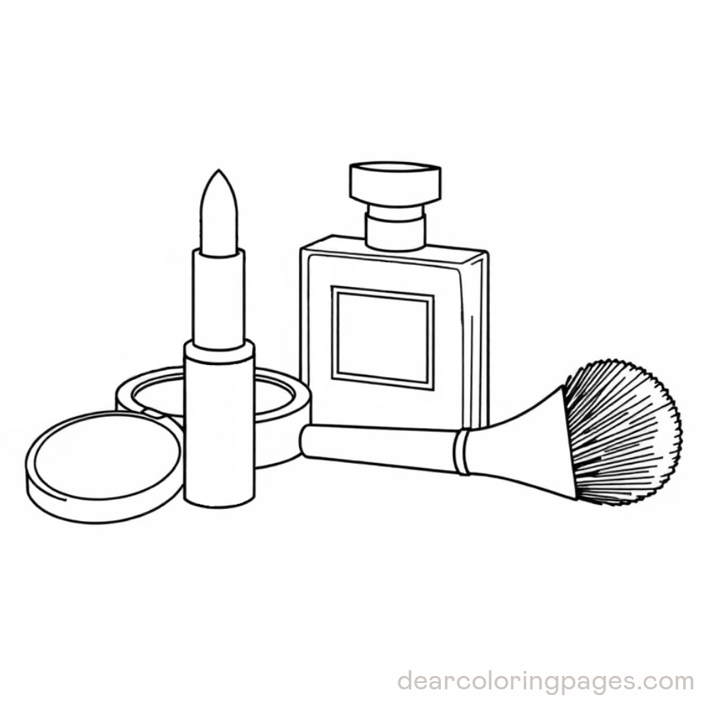 Makeup Coloring Page - Face Powder, Lipstick, Perfume, and Brush