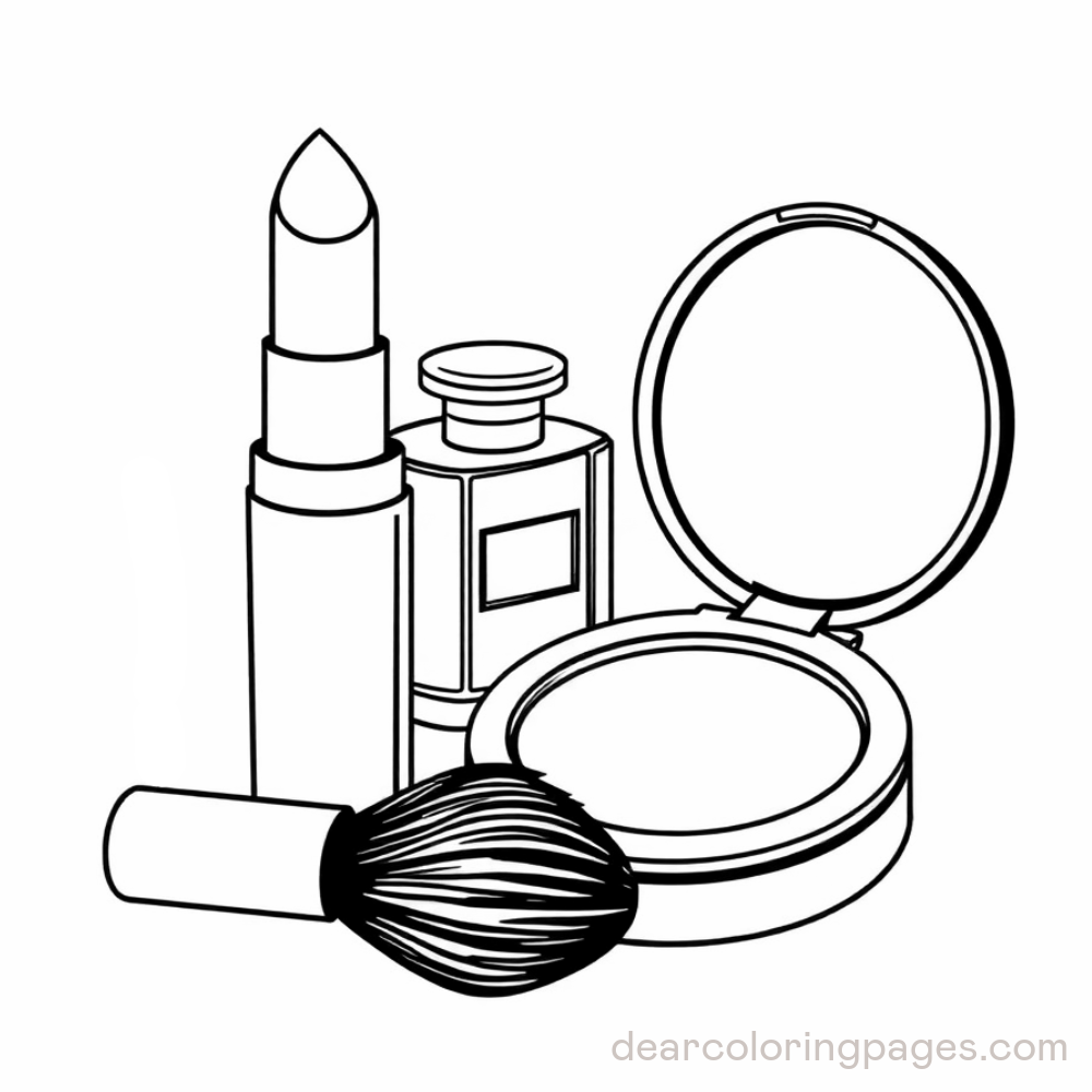 Makeup Coloring Page - Lipstick, Perfume, Face Powder and Brush