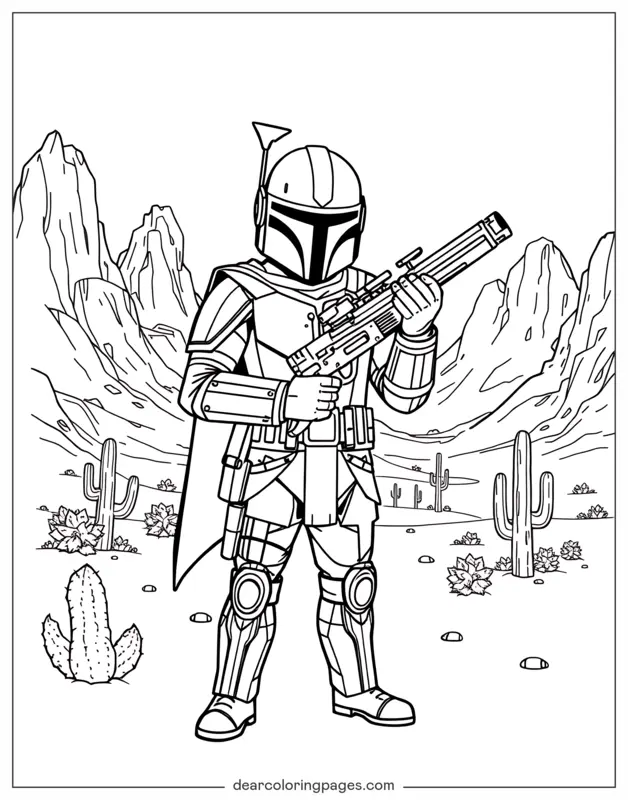 Mandaloriano Dibujo para Colorear - Mandaloriano en el desierto