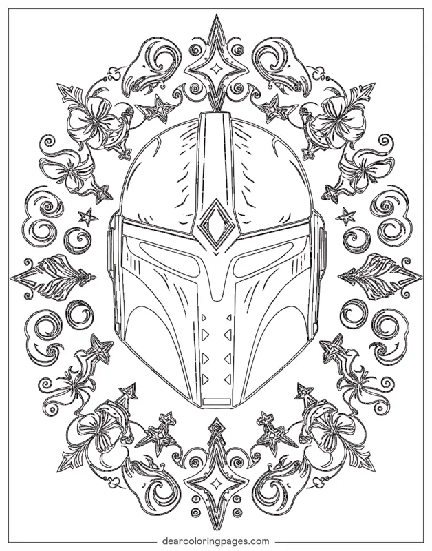 Mandaloriano Dibujo para Colorear - Casco Mandaloriano Rodeado de Diseños Intrincados