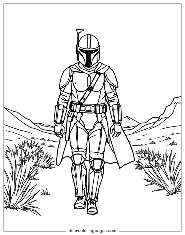 Mandaloriano Dibujo para Colorear - Mandaloriano caminando en el desierto