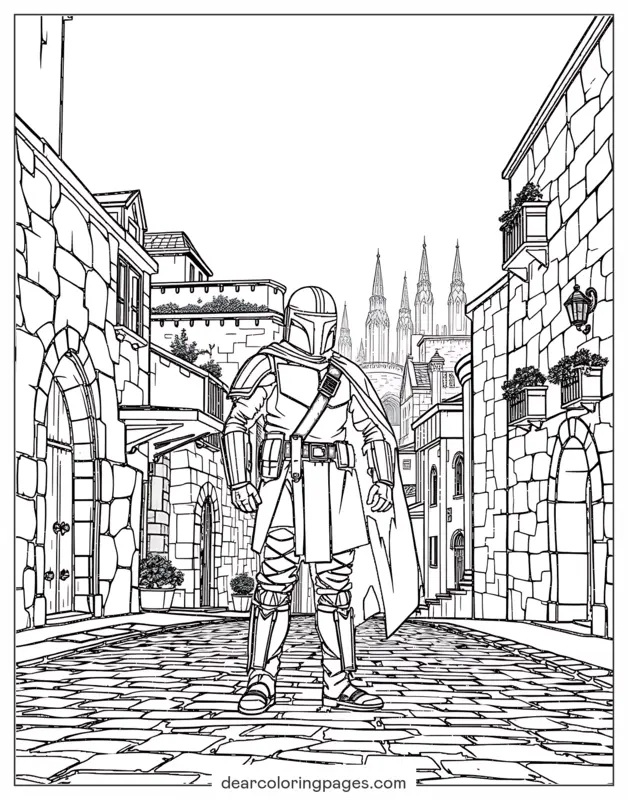 Mandaloriano Dibujo para Colorear - Mandaloriano en Ciudad Antigua