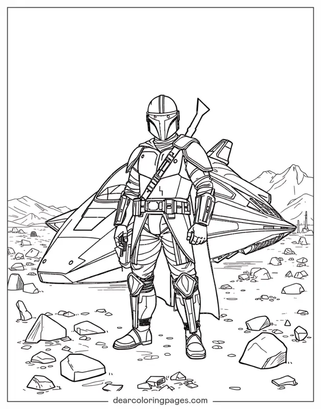 Mandaloriano Dibujo para Colorear - Mandaloriano y nave espacial