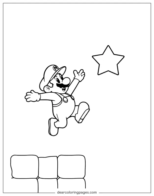 Mario Coloring Page - Mario Leaping Towards Star