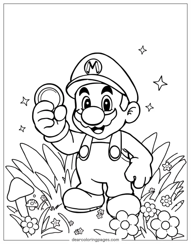 Mario Coloring Page - Mario Discovering Gold Coin