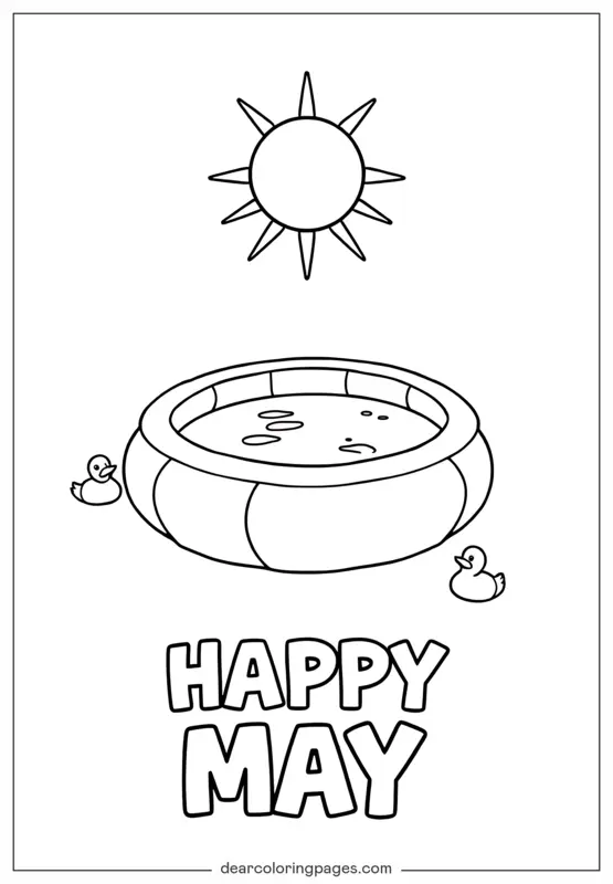 Mayo Dibujo para Colorear - Feliz Mayo con Sol Y Piscina Inflable