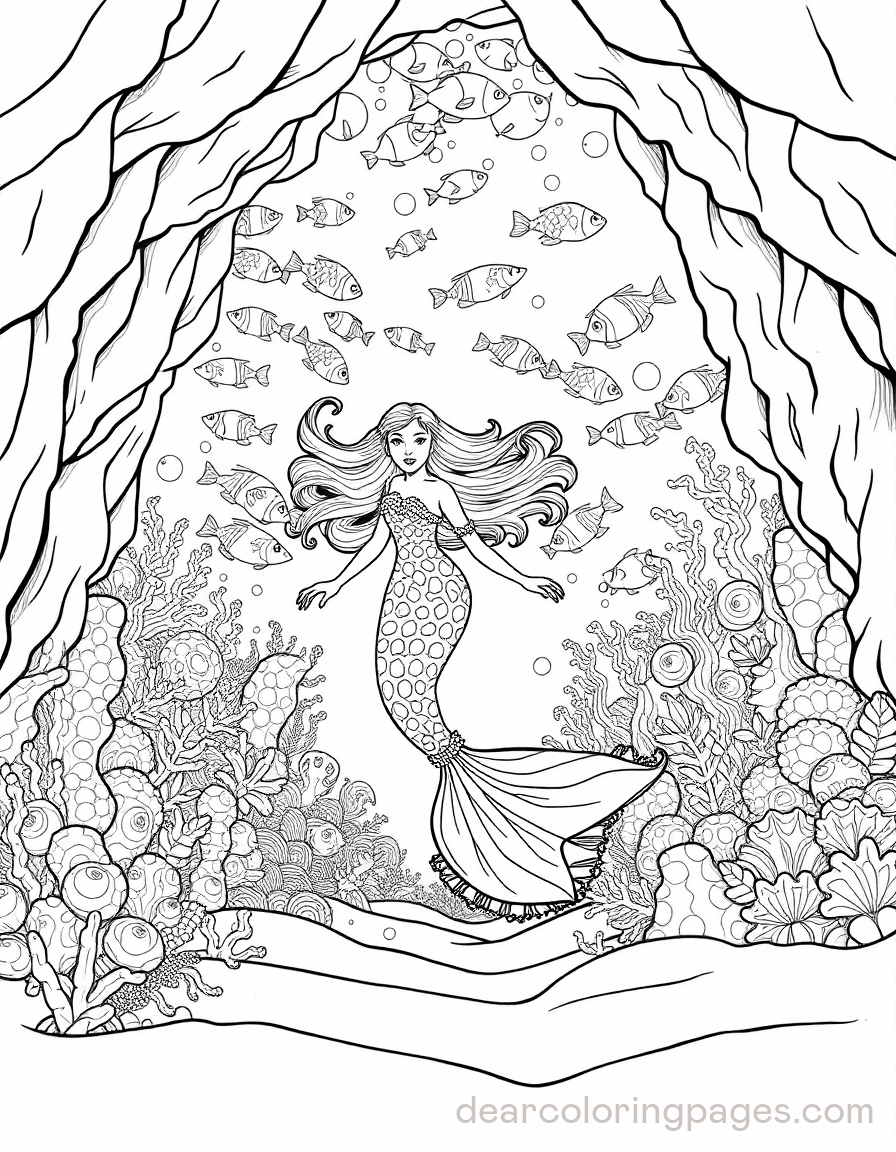 Sereia Desenho para Colorir - Sereia em uma caverna subaquática