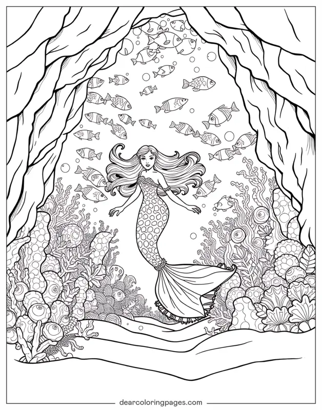 Sereia Desenho para Colorir - Sereia em uma caverna subaquática