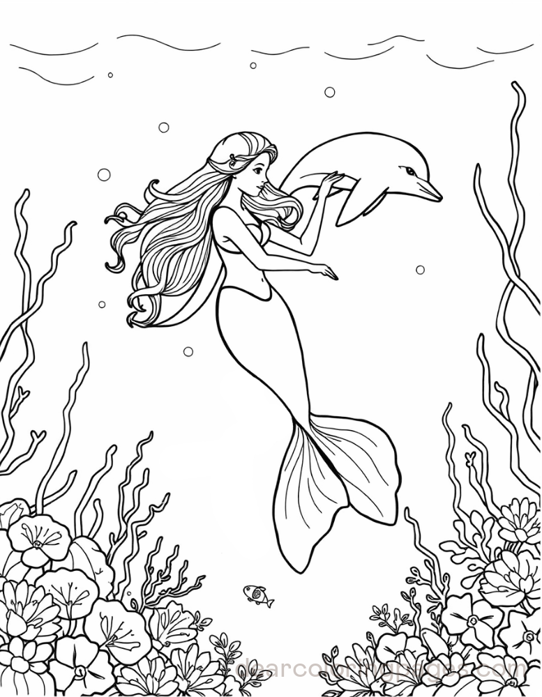 Sereia Desenho para Colorir - Sereia nadando com golfinho