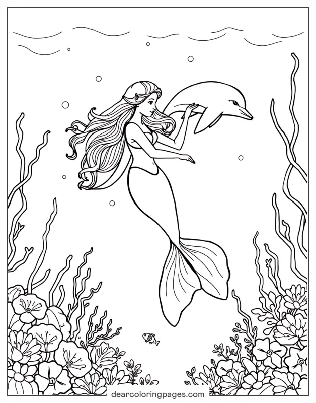 Sereia Desenho para Colorir - Sereia nadando com golfinho