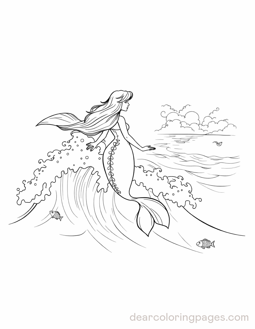 Sereia Desenho para Colorir - Sereia deslizando sobre ondas ondulantes