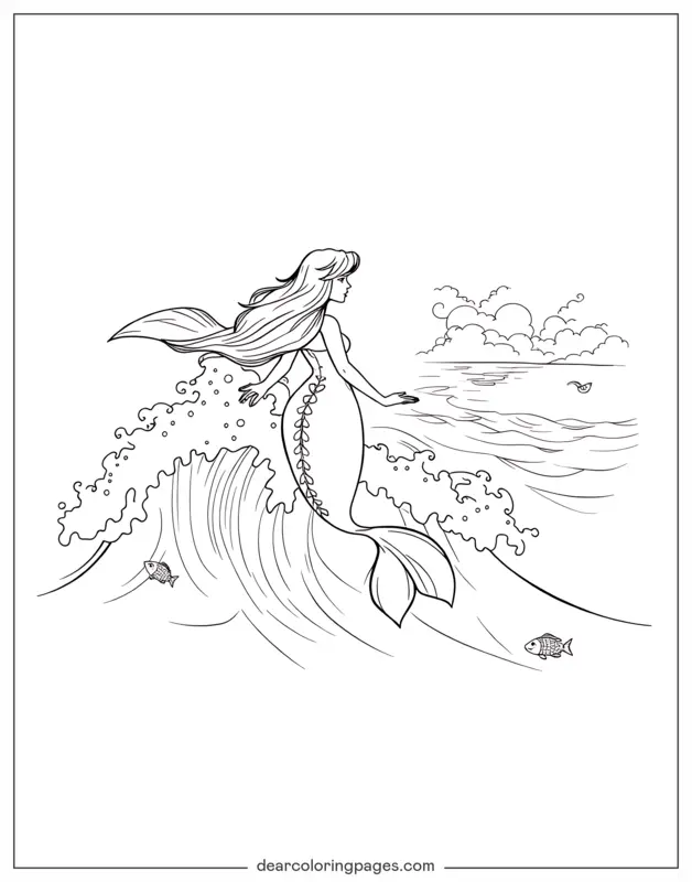 Sereia Desenho para Colorir - Sereia deslizando sobre ondas ondulantes