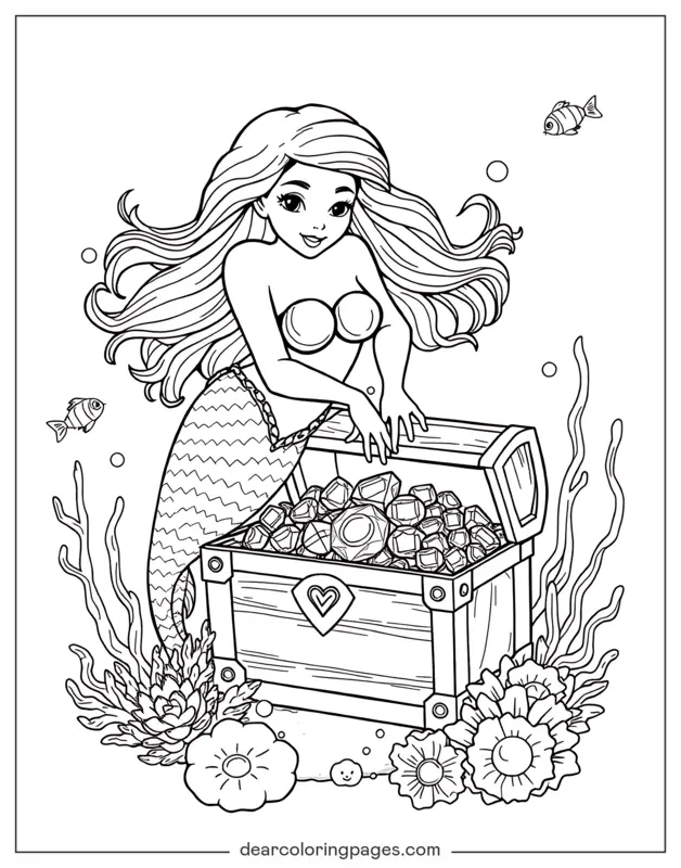 Sereia Desenho para Colorir - Sereia e Seu Baú de Tesouro