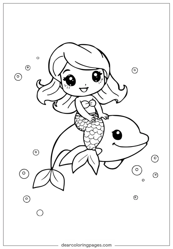 Kawaii mermaid riding a dolphin with bubbles