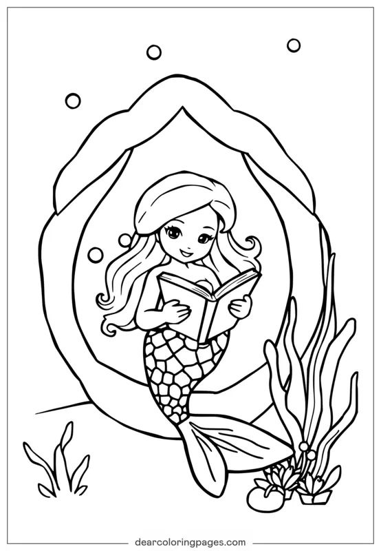 Mermaid reading a book inside a seashell with sea plants